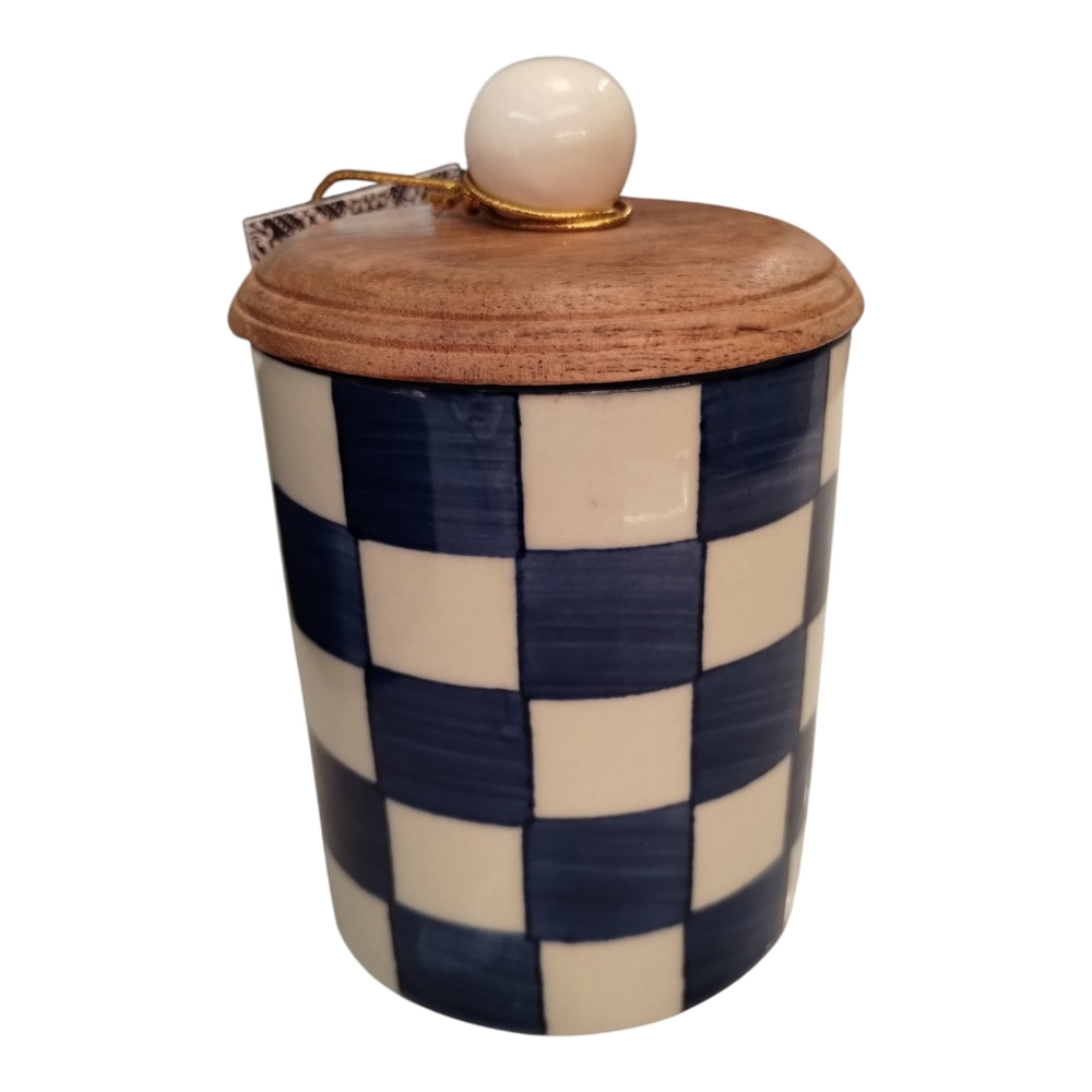 Checkered Canister Blue White Wood Lid Small
